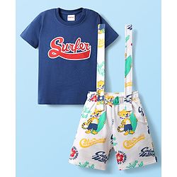Babyhug Single Jersey Knit Half Sleeves T-Shirt & Shorts Set With Surfing Print & Attached Suspender - Blue & White