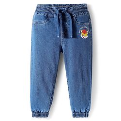 Babyhug Full Length Washed Denim Joggers With Stretch & Tiger Print - Blue