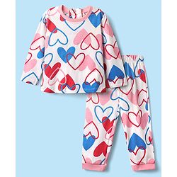 Babyhug Cotton Knit Full Sleeves Co-ords Night Suit With Heart Print - Pink