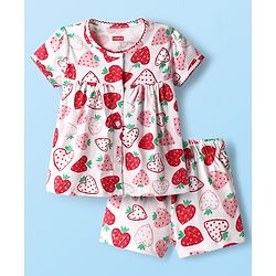 Babyhug Cotton Knit Half Sleeves Co-ords Shorts Night Suit with Heart Print - White