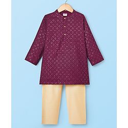 Babyhug Woven Full Sleeves Kurta Pajama Set with Embroidery & Sequin Detailing - Wine