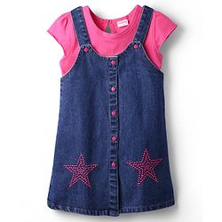 Babyhug Cotton Knit Half Sleeves Inner T-Shirt & Frock with Star Embroidery - Pink & Navy Blue