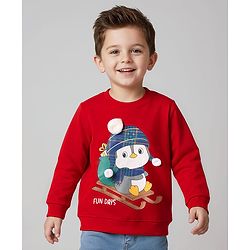 Babyhug Cotton Knit Full Sleeves Sweatshirt with Pengu Graphics - Red