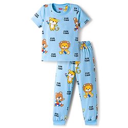 Babyhug Cotton Knit Half Sleeves Co-ords Night Suit with Animal Print - Light Blue