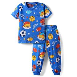 Babyhug Cotton Knit Half Sleeves Co-ords Night Suit With Football Print - Blue