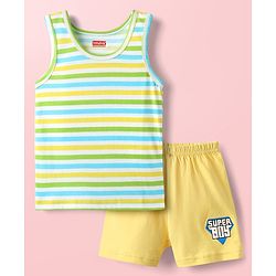 Babyhug 100% Cotton Knit Sleeveless Striped Sando & Shorts Set With Super Boy Print - Yellow