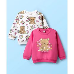 Babyhug Cotton Knit Full Sleeves Sweatshirts with Floral & Bear Print Pack of 2 - White & Pink