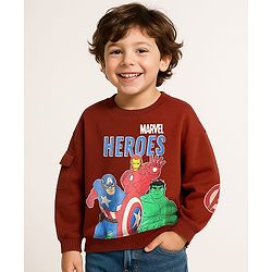 Babyhug Marvel Terry Knit Drop Shoulder Full Sleeves Sweatshirt With Avengers Graphic & Pocket detailing - Brown