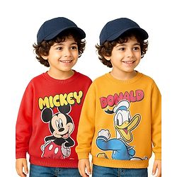 Babyhug Disney Terry Knit Full Drop Shoulder Sleeves Sweatshirts with Mickey & Donald Duck Graphics Pack of 2 - Red & Orange