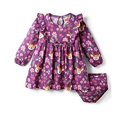 Babyhug Single Jersey Knit Full Sleeves Floral Animal Printed Frock With Bloomer - Purple