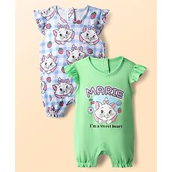 Babyhug Disney 100% Cotton Frill Sleeves Rompers With Aristocats Marie Graphics Pack Of 2 - Light Green & Blue