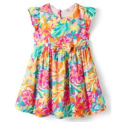 Babyhug 100% Cotton Half Sleeves Floral Printed Dress - Multi Colour