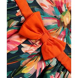 Babyhug Cotton Knit Frill Sleeves Frock With Floral Print & Bow Applique - Navy Blue