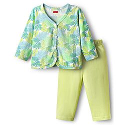 Babyhug Single Jersey Knit Frill Sleeves Striped Front Open Top & Pant Set with Floral Print & Embroidery - Navy Blue main image 1
