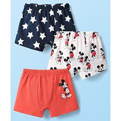 Babyhug 100% Cotton Mid Thigh Trunks With Mickey Mouse Graphics Pack Of 3 - Navy Blue White & Light Red