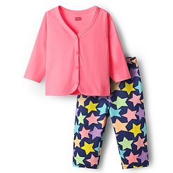 Babyhug Single Jersey Knit Full Sleeves Top & Leggings Set with Star Print - Navy Blue & Pink