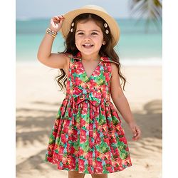 Babyhug 100% Cotton Sleeveless Halter Neck Floral Printed Dress With Bow Applique - Multi Colour