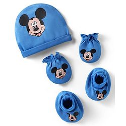 Babyhug Disney Interlock Knit Cap Mittens & Booties Set with Mickey Mouse Graphics Blue - Diameter 10.5 cm