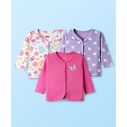 Babyhug 100% Cotton Interlock Knit Full Sleeves Antibacterial Front Open Jhablas with Floral Print Pack of 3 - White Pink & Lilac