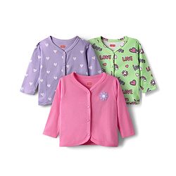 Babyhug 100% Cotton Interlock Knit Full Sleeves Antibacterial Front Open Jhablas with Heart & Floral Print Pack of 3 - Pink Lilac& Light Green