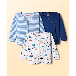 Babyhug 100% Cotton Knit Antibacterial Full Sleeves Front Open Vest with Stripes & Vehicle Print Pack of 3 - Navy Blue & White