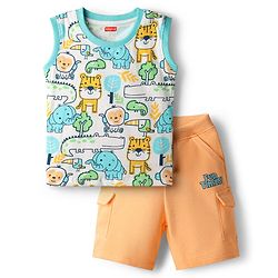 Babyhug Single Jersey Knit Sleeveless Tank T-Shirt & Shorts Set with Animal Print - Orange