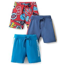 Babyhug Cotton Single Jersey Knit Shorts With Sports Theme Print Pack Of 3 - Red Navy Blue & Light Blue