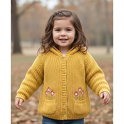 Babyhug Knit Full Raglan Sleeves Hooded Sweater With Floral Embroidery - Mustard