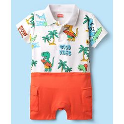 Babyhug 100% Cotton Interlock Knit Half Sleeves Romper with Dino Print - Red & White