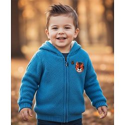 Babyhug Knit Full Sleeves Hooded Front Open Sweater with Tiger Patch - Blue