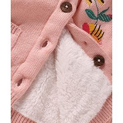 Babyhug Knitted Full Sleeves Front Open Hooded Sweater With Floral & Bird Embroidery - Pink