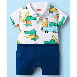 Babyhug 100% Cotton Interlock Knit Romper With Dino Print - Blue & White