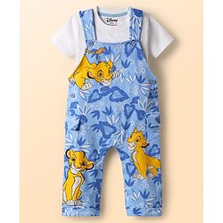 Babyhug 100% Cotton Dungaree and Half Sleeves Striped T-Shirt Set Mickey Mouse Print - Yellow Green