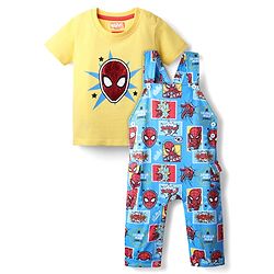 Babyhug Single Jersey Woven Dungaree and Half Sleeves T-Shirt Set with Bear Print & Embroidery - White & Sky Blue main image 0