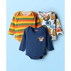 Babyhug 100% Cotton Interlock Knit Full Sleeves Onesies with Stripe Design & Animal Print Pack of 3 - Navy Blue White & Orange