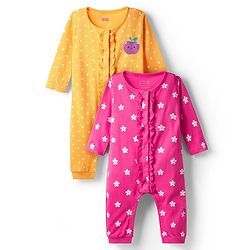 Babyhug 100% Cotton Knit Full Sleeves Rompers with Polka Dots & Floral Print Pack of 2 - Yellow & Dark Pink