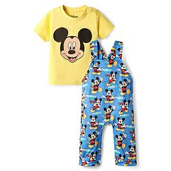 Babyhug Disney Single Jersey Knit Dungaree & Half Sleeves T-Shirt With Mickey Mouse Print - Blue & Yellow
