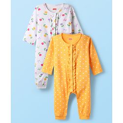Babyhug 100% Cotton Knit Full Sleeves Rompers with Polka Dots & Floral Print Pack of 2 - Yellow & White
