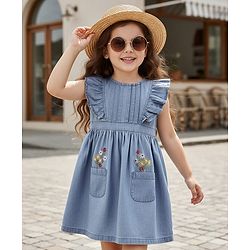 Babyhug Cotton Woven Frill Sleeves Frock With Pocket & Floral Embroidery - Blue
