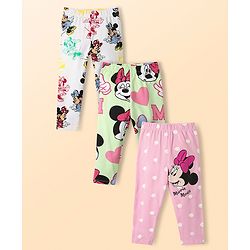 Babyhug Disney Cotton Lycra Knit Full Length Leggings with Minnie Mouse Graphics Pack of 3 - Pink Light Green & White