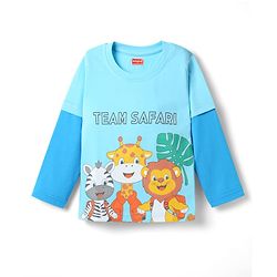 Babyhug Single Jersey Knit Full Sleeves T-Shirt With Animal Print & Team Safari Text Print - Light Blue
