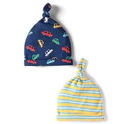 Babyhug 100% Cotton Knit Striped & Car Printed Caps Pack of 2 Navy Blue & Yellow - Diameter 11.5 cm