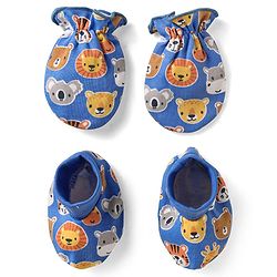 Babyhug 100% Cotton Knit Mittens & Booties Set with Animal Print - Light Blue