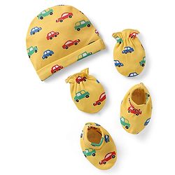Babyhug 100% Cotton Knit Cap Mittens & Booties Set with Car Print Yellow - Diameter 10 cm