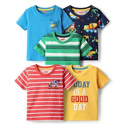 Babyhug 100% Cotton Knit Half Sleeves Striped & Printed T-Shirts Pack of 5 - Multicolor