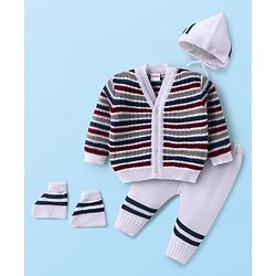 Babyhug Knit Full Sleeves Striped Front Open Sweater Set with Cap & Booties - Multicolor
