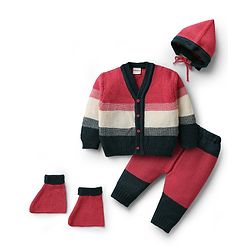 Babyhug Knit Full Sleeves Front Open Sweater Set with Color Block Design Cap with Knot & Booties - Dark Pink White & Black