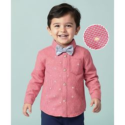 Babyhug Viscose Woven Full Sleeve Checkered Shirt with Bow & Embroidery - Pink