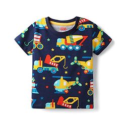 Babyhug 100% Cotton Knit Half Sleeves T-Shirt With Vehicles Print - Navy Blue