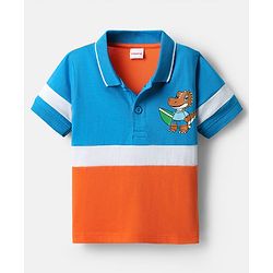 Babyhug 100% Cotton Knit Half Sleeves Cut & Sew Polo T-Shirt with Dino Print - Light Blue